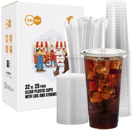 Turbo Bee 25 Sets 32 OZ Clear Plastic Cups with Lids and Straws, Disposable To Go Iced coffee cups with lids for Cold Drinks, Smoothie, and Slushie