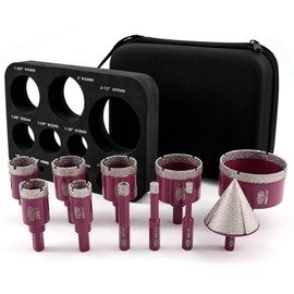 QUEFORET Diamond Drill Bits Set 11pcs - 10pcs 6/8/10/20/25/28/32/35/45/65mm Dry Hole Saw, 1pc 50mm Beveling Chamfer Bit for Ceramic Porcelain Tile Marble Granite