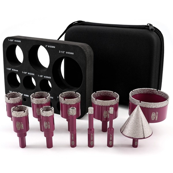 QUEFORET Diamond Drill Bits Set 11pcs - 10pcs 6/8/10/20/25/28/32/35/45/65mm Dry
