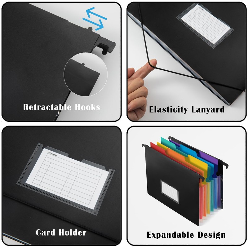 TRANBO 7-Pockets Hanging File Folder with Retractable Hooks for Filing