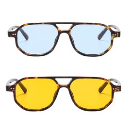 YAMEIZE Retro Pilot Sunglasses for Women Men Classic Double Bridge Vintage Style Sunglasses UV400 Protection Square Glasses Driving, L Orange+L Blue