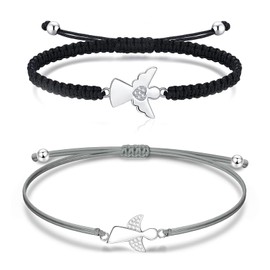 JENCVNL Guardian Angel Bracelet Women's Silver Pack of 2 Adjustable Guardian Angel Bracelet Handmade Lucky Charm Bracelet Friendship Bracelet for Women Girls Best Friends, Stainless steel, braided