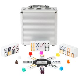 PLAYWUS Double 15 Coloured Dot Dominoes Mexican Train Game Set with Aluminum Case, 136 Tiles 9 Trains, Scoreboard, Octagon Shape Hub…