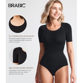 BRABIC Womens Bodysuit Shapewear for Tummy Control Seamless Sleeveless Tank Tops Body Shaper (Black Short Sleeve, Small)