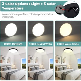 YUURTA 12 Inch 24W Dimmable LED Flush Mount Ceiling Light Color Selectable: 3000K/4000K/5000K 3000Lm 120V Low Profile Disk Lamp IC Rated Suitable for Damp Locations ETL Listed (Black)