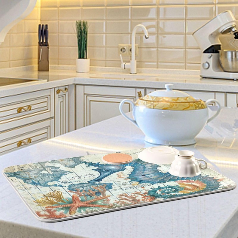 Nautical Ocean Seahorse Dish Drying Mat for Kitchen Counter 16x18