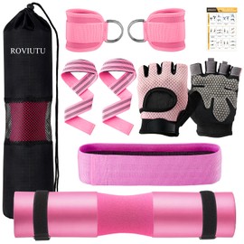 Barbell Pad Set,10 Pcs Barbell pads For Hip Thrust Squat & Lunges Support,With 2 Workout Ankle Straps, 2 Workout Gloves, 2 Gym Straps Weight Lifting, Resistance Bands,Olympic Bar Pad,Carry Bag (Pink, Small-Gloves)