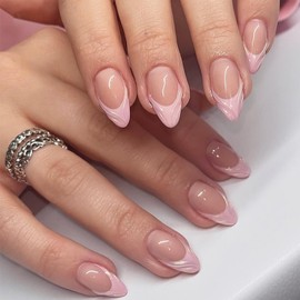 Short Almond Press on Nails - Pink French Tip False Nails Short with 3D Patten Design - Natural Nude Pink Fake Nails Set Classic Soft Gel Stick on Nail for Women Daily
