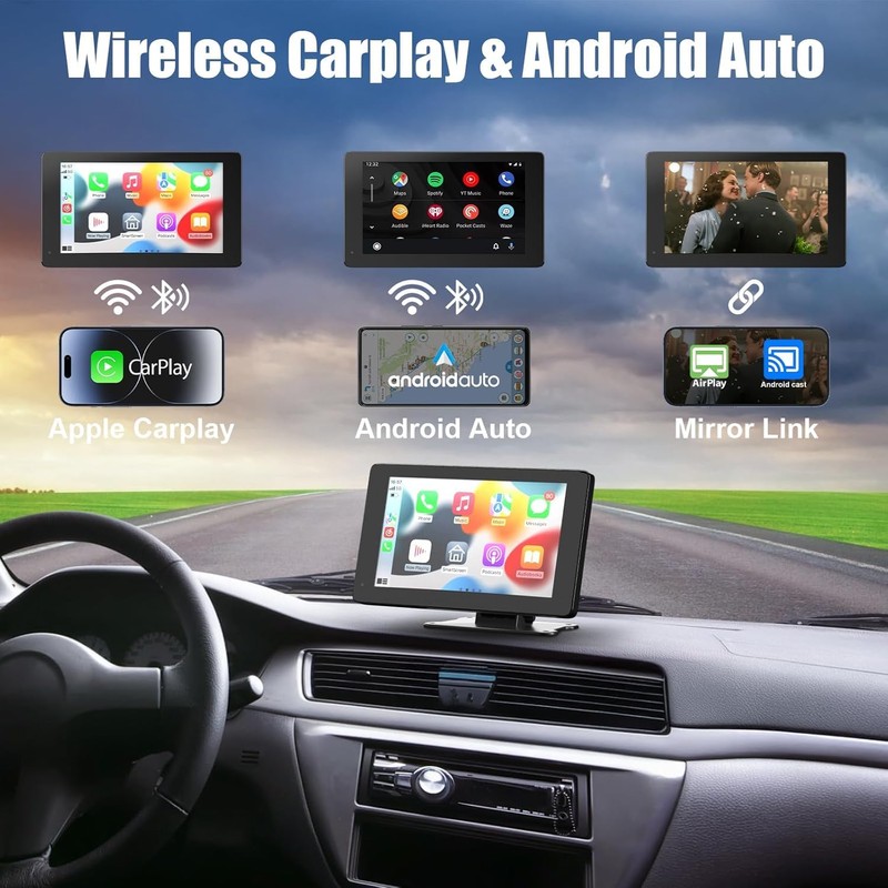 7" Wireless Portable Car Play Screen for Apple CarPlay &