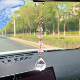 Sun Catcher Car Accessories Hanging Glass Lily of The Valley Rear View Mirror Accessories Cute Car Mirror Decor for Women Flower Charm Crystal Car Ornament (Pink)