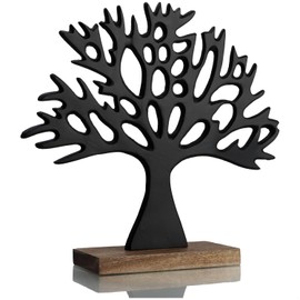com-four® Decorative Stand Tree – Metal Tree on Mango Wood Base – Decorative Tree Made of Metal for Standing – Tree of Life to Give as a Gift (Black - Tree)