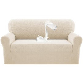 PrinceDeco Waterproof Couch Cover Slipcovers for Couches and Sofas,Stretch Loveseat Couch Cover for 2 Seat Couch,Love Seat Sofa Covers Washable Furniture Protector for Kids, Pets (Loveseat, Ivory)
