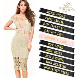 10 Pack Birthday Sash for Women Group,Happy Birthday Party Supplies Sashes Favors Decorations for Women,Birthday Squad Girls Glitter Sash Set,9 Funny Sashes,1 Birthday Girl Sash(Black and Rose Gold)