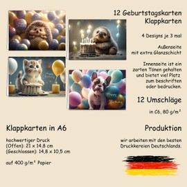 Birthday Card Set with 12 Birthday Cards Folding Cards with Envelopes Cute Dogs, Cats, Hedgehog & Sloth Printed with Happy Birthday