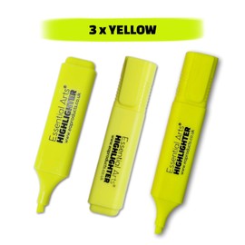 Essential Arts Square Yellow Highlighter Pen Pack of 3 | Chisel Tip Fluorescent Highlight Marker Pens for Office, School Art and Business