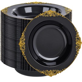 Joyido 100PCS Black Plastic Bowls - 12 oz Black Gold Disposable Salad Bowls - Heavy Duty Soup Serving Bowl - Fancy Plastic Candy Bowl for Weddings, Parties, Dinners, Catering, Picnics