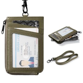 VULKIT Leather Work ID Badge Holder for Lanyard with Zipper Pocket, Work Badge Lanyard for Women and Men, Suitable for Offices Staff, Teacher, Can Hold Coins, Key, Cash, Credit Card, Olive Green