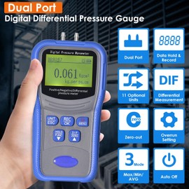 Digital Differential Pressure Gauge ±206.8KPa, Kethvoz Dual Port Pressure Gauge with Overpressure Alarm & Data Memory, Portable HVAC Gas Air Pressure Gauge with 11 Units