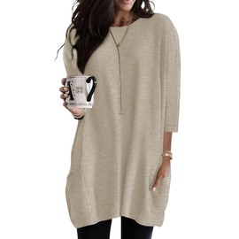 Poetsky Womens Casual Crewneck T-Shirts Loose Fit Short Sleeve Oversized Shirts Plus Size Tunic Tops with Pockets Apricot M