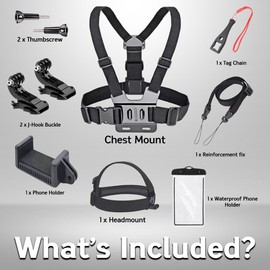 Phone Chest Mount Harness Kit with Head Strap – Adjustable Hands-Free Filming Holder with Phone Clip, J-Hooks and Waterproof Pouch – Ideal for Sports, Biking and Vlogging (Black)