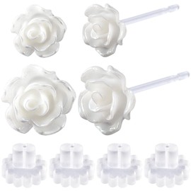 Joez Wonderful 2 Pairs Plastic Earrings, Rose White Earring Stud for Sensitive Ears, Earrings Hypoallergenic, Clear Rubber Backs for Sports, Birthday, Christmas (6mm, 8mm)