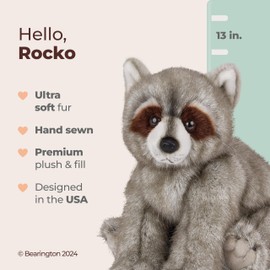 Bearington Rocko Raccoon Stuffed Animal - 13" Realistic Raccoons Plush Toys with Soft Faux Fur, Poseable Body and Bean Bag Weighted Paws - Lifelike Raccoon Plushies Gift for Kids and Animal Lovers