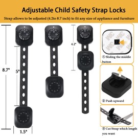 Cabinet Locks Baby Proofing, Child Safety Drawer Locks -Adjustable Child Safety Strap Locks Adhesive Baby Door Latch for Fridge Toilet Oven No Drill Multi-Purpose Furniture Kitchen Lock Black 6 Pack
