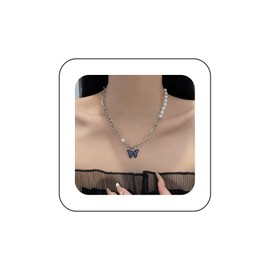 Yheakne Vintage Butterfly Pearl Necklace Silver Pearl Necklace Blue Butterfly Pendant Necklace Butterfly Choker Necklace Jewellery for Women and Girls, Zinc
