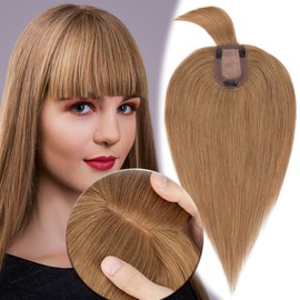MY-LADY Human Hair Toppers for Women Real Human Hair with Bangs Thin 7 * 13CM Silk Base with Lace Clip in Remy Hairpieces 150% Density 12 Inch Light Brown