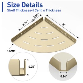 LFBA 2 Pack Corner Shower Shelves Load Capacity 40 lbs 304 Stainless Steel Shower Corner Shelf Will not Rust 8in Shower Shelf for Inside Shower Brushed Gold Drilling Installation
