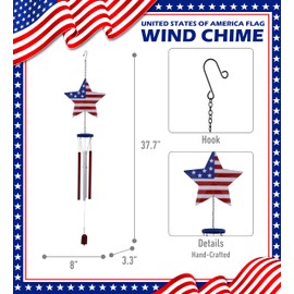 CoTa Global USA Flag Star Wind Chime - American Flag Patriotic Indoor or Outdoor Windchime Home Decor with Hanging Bells, Handcrafted Glass and Metal Wind Chimes for Yard, Garden, Porch – 37.7 Inch