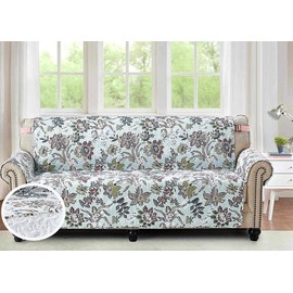 Brilliant Sunshine Beautiful Burgundy Flowers Couch Cover, Quilted Oversized Loveseat Slipcover, 54" Seat Width, Reversible Furniture Protector, 2" Strap, Washable Cover for Kids, Dogs, Cats, Green