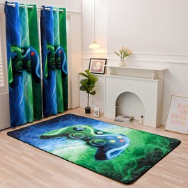 Meeting Story Gamer Gaming Area Rug Tie Dye Lightnings Gamepad Rug Games Console Action Buttons Print Carpet Indoor Floor Sofa Rugs for Kids Bedroom Living Room Game Room Decor(Blue-Green,3 * 5 Feet)