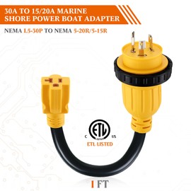 Kanayu 30 Amp to 15 Amp Marine Shore Power Adapter Extension Power Cord NEMA L5-30P to 5-15/20R 10AWG 30Amp to 20Amp T Blade Marine Plug 125V Household Outlet Pigtail Boat Adapter(1FT)