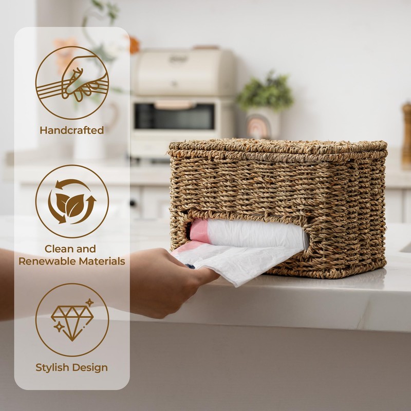 StorageWorks Trash Bag Holder with Lid, Wall Mount Seagrass Plastic