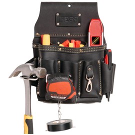 FESA Leather Electrician Tool Pouch - 13-in-1 Top Grain Leather Electrician Pouch w/Steel Hammer Loop, Tape Measure Clip, Tape T-Chain & 6 Pockets - Fits Belts up to 3" - Handcrafted (Black)