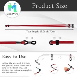 MEGAVOW 4 Pieces Glasses Strap, Adjustable Glasses Chain, Glasses Chain for Men and Women, Non-Slip Glasses Cord, Glasses Strap, Glasses Strap, Red & Black & Dark Blue & Brown, Unit size