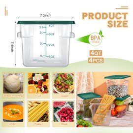 Maxcheck 4 Pcs 4Qt Food Storage Container with Lids Set Square Clear Commercial Containers with Scale and Handle Space Saving for Home Kitchen Restaurant Proof Dough Marinating Meat (Green)