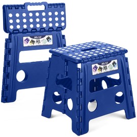 Delxo Folding Step Stool 13 Inch 2 Pack Blue Non-Slip Foldable Stools for Kids & Adults Up to 300 LBS Step Stool with Handle, Lightweight for Kitchen/Bathroom/Bedroom/Garden