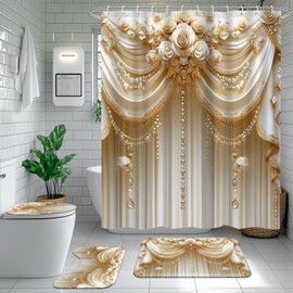 Ticuenicoa Luxury Shower Curtain Set - 72x72 Inch Elegant Floral Design with Pearl & Crystal Decor, Includes Bath Mat, U-Shape Rug, Toilet Cover & Hooks