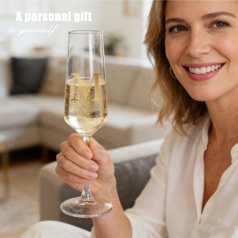 Monogrammed Champagne Flutes with Initials M,Birthday Glass Gift