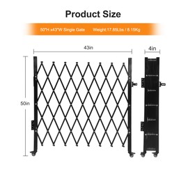 Single Foldable Security Gate 50" H x 43" W Aluminum Expandable Fence Portable Safety Barrier with Casters Retractable Driveway Gates 360°Rolling Barricade Gate Mobile Barricade Safety Barrier Black