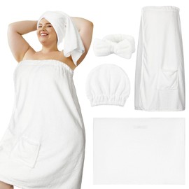 Tigeen Plus Size Towel Wrap for Women Spa Robe Set with Shower Hair Drying Turban Cap Towel Headband Adjustable Bathrobe(White,L-xl)