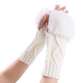 Knit Women Arm Warmer with Faux Fur Winter Fingerless Gloves Lady Fingerless Wrist Warmer Mittens (White)