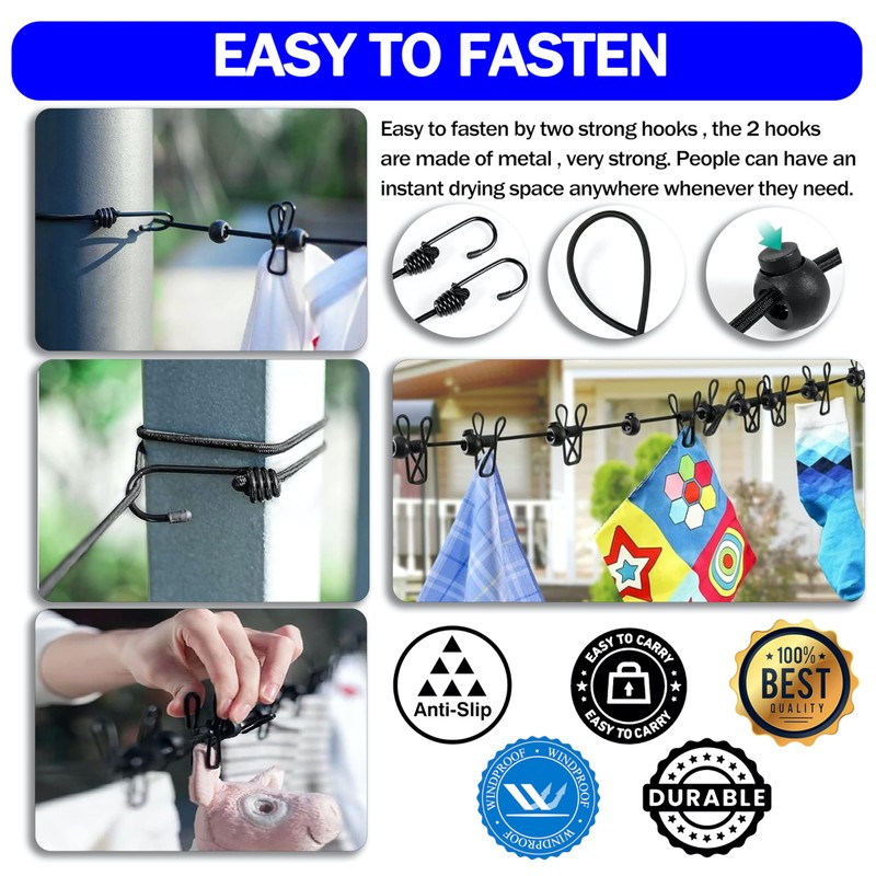 Portable Clothesline with 12 Clothespins, [2 Pack] Gvtech Windproof Travel