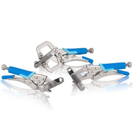 Hardys Hand Tools - 3pc Mini Locking Pliers Set - 4" Curved, 5" Long Nose, 5" C Clamp Pliers - Heat Treated Carbon Steel, Adjustable Head Width, Quick Release Lever, Rubber Grip