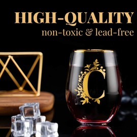 Onebttl Unique Stemless Wine Glasses, Initial Wine Cup for Red or White Wine - 18oz, Monogrammed, Gold - for Women, Girls, Female, Her, Friends, Coworkers, Clients - for Birthday, Christmas