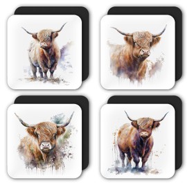Set of 4 Highland Cow Coasters Perfect Highland Cow Gifts For Highland Cattle lovers and Highland Cow Birthdays