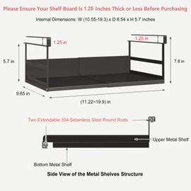 SHINEWON Expandable Under Cabinet Shelf Organizer with 1.25 Inches Thick Clips, Heavy Duty Extendable Under Shelf Storage Basket for Pantry or Laundry Room, Black, 2 Pack, Interior: 5.7" H x 8.54" D