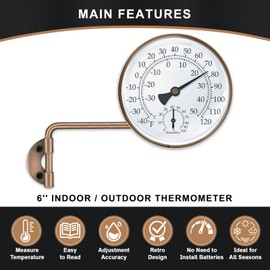 6 Inch Brass Outdoor Thermometer, Outdoor Temperature Gauge with Humidity, Analog Temperature Gauge, Outside Decorative Thermometer for Patio, Window, Greenhouse, Garage